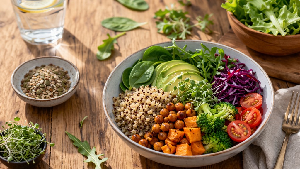 Fotografie: bunte Buddha-Bowl mit Quinoa, Gemüse und Avocado – gesunde, pflanzliche Ernährung.